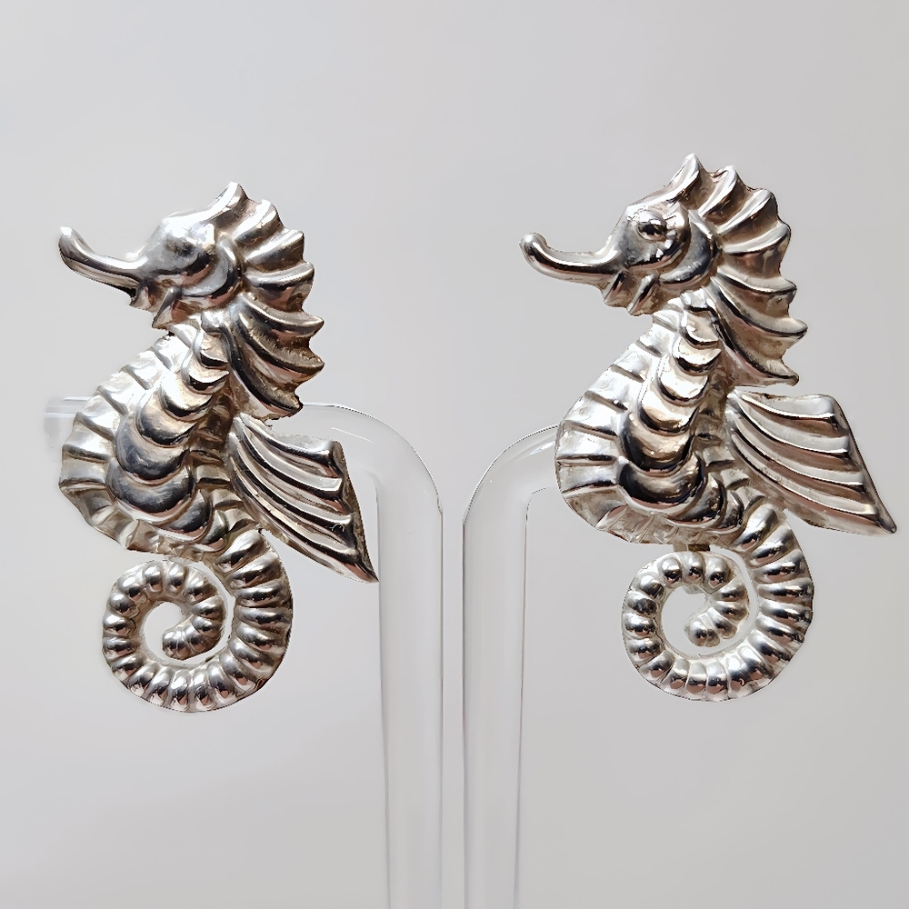 1940's Vintage Mexico Sterling Silver Seahorse Screwback Earrings